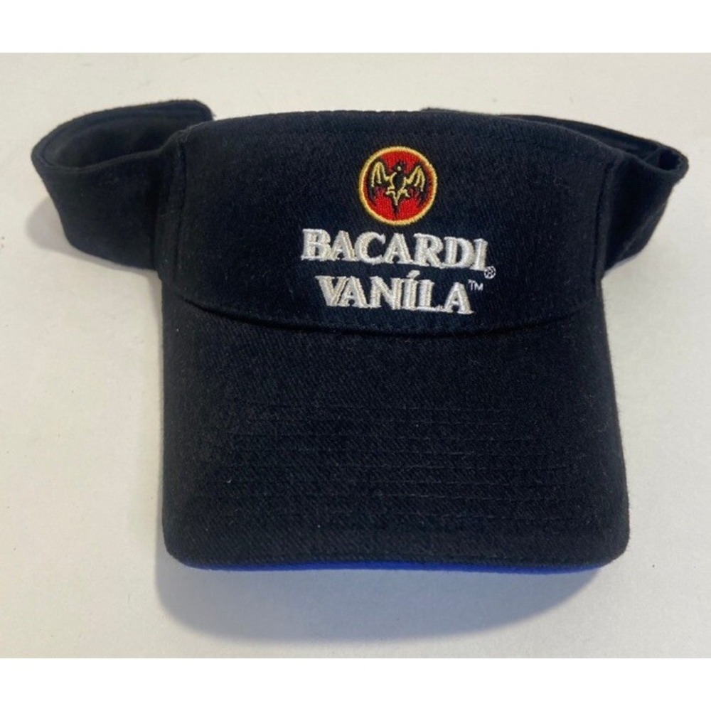Bacardi Vanilla Rum Alcohol Black Sun Visor Cap Adjustable Hat Bat Logo Promo